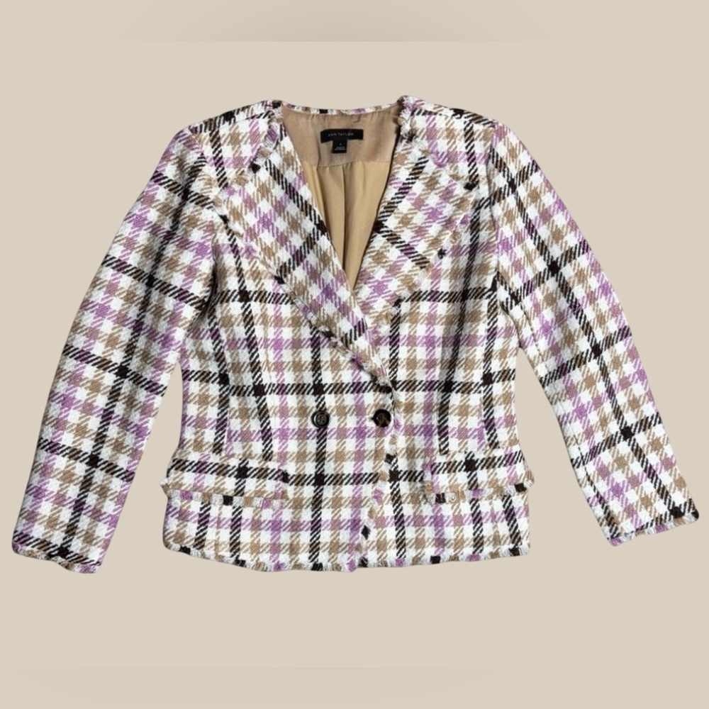 Ann Taylor Women’s Purple Cream Cutaway Jacket Houndstooth Fringe Tweed Size 0